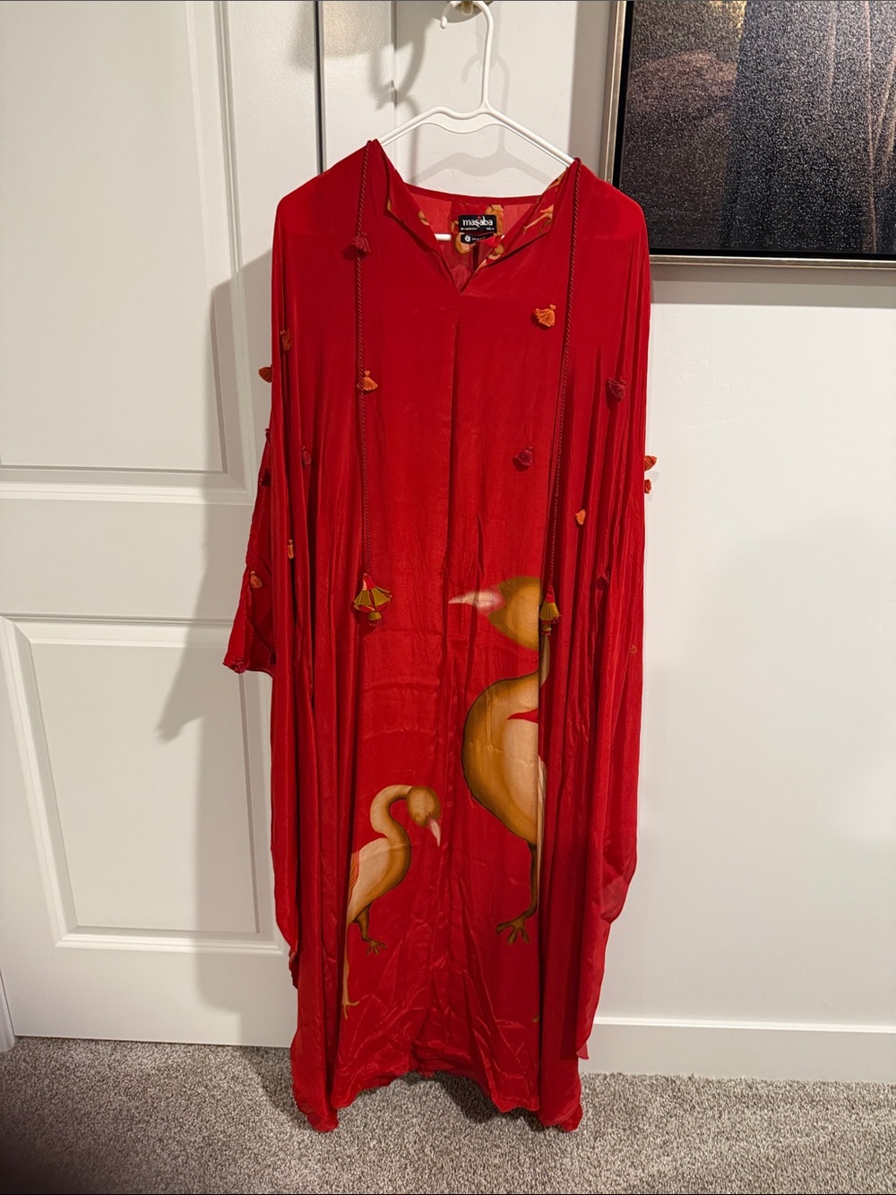 Masaba Red Maxi Kaftan Dress with Yellow Bird Motif